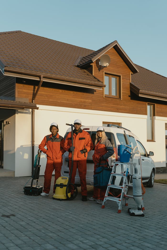 Cleaning crew in uniforms with equipment standing outside a modern house.
